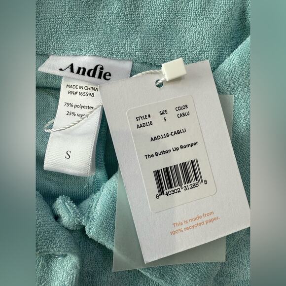 NWT Andie Swim Terry Button-Up Short Romper Cablu Blue Swim Cover Size Small - Picture 6 of 9